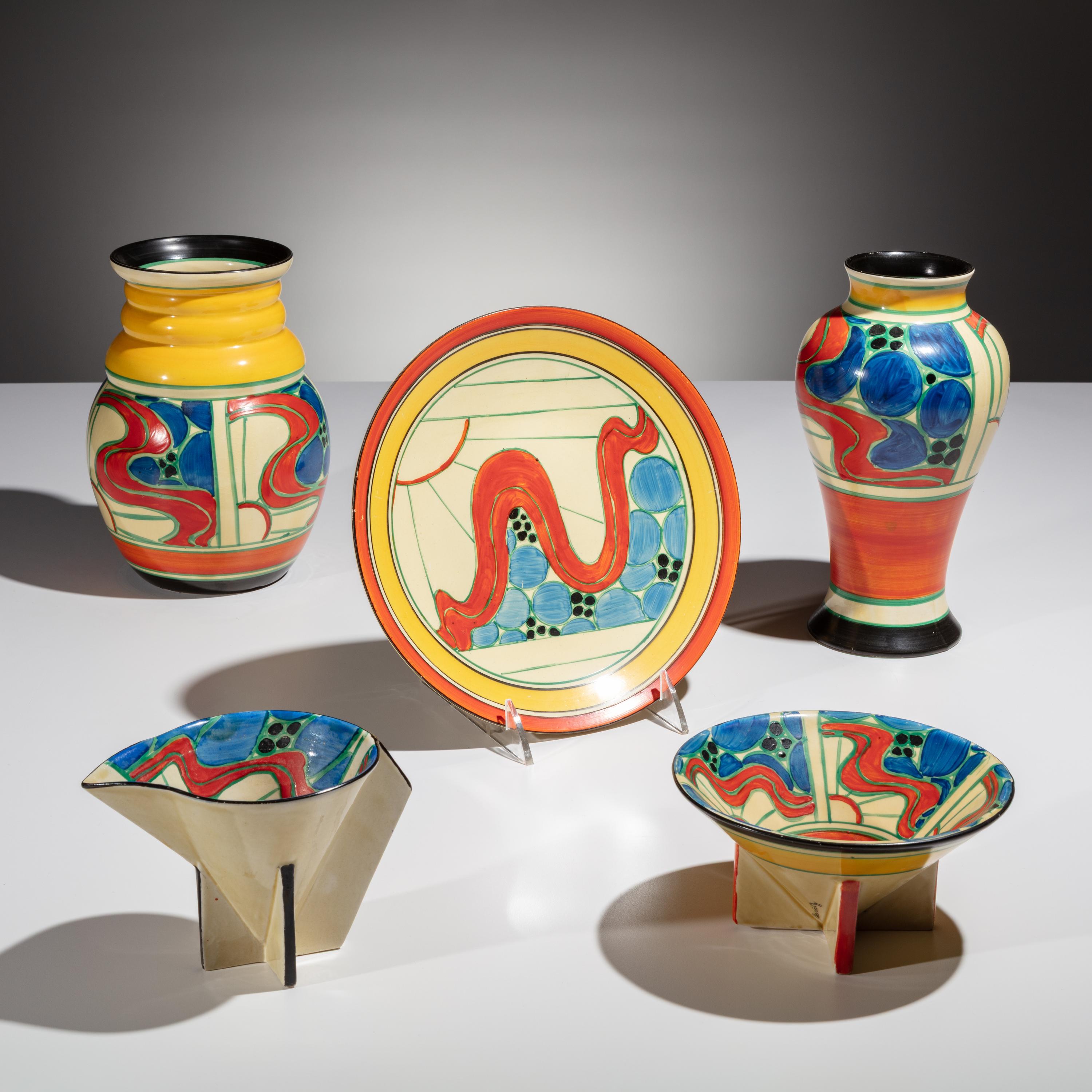Clarice Cliff (English, 1899–1972) — Sunrise pattern, 5 pieces