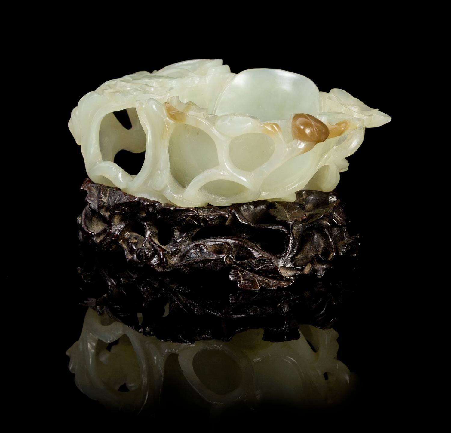 A Chinese Jade Floriform Libation Cup 17TH/18TH CENTURY Width of jade 4 1/8 x height with stand 2 1/4 inches. — 17TH/18TH CENTURY