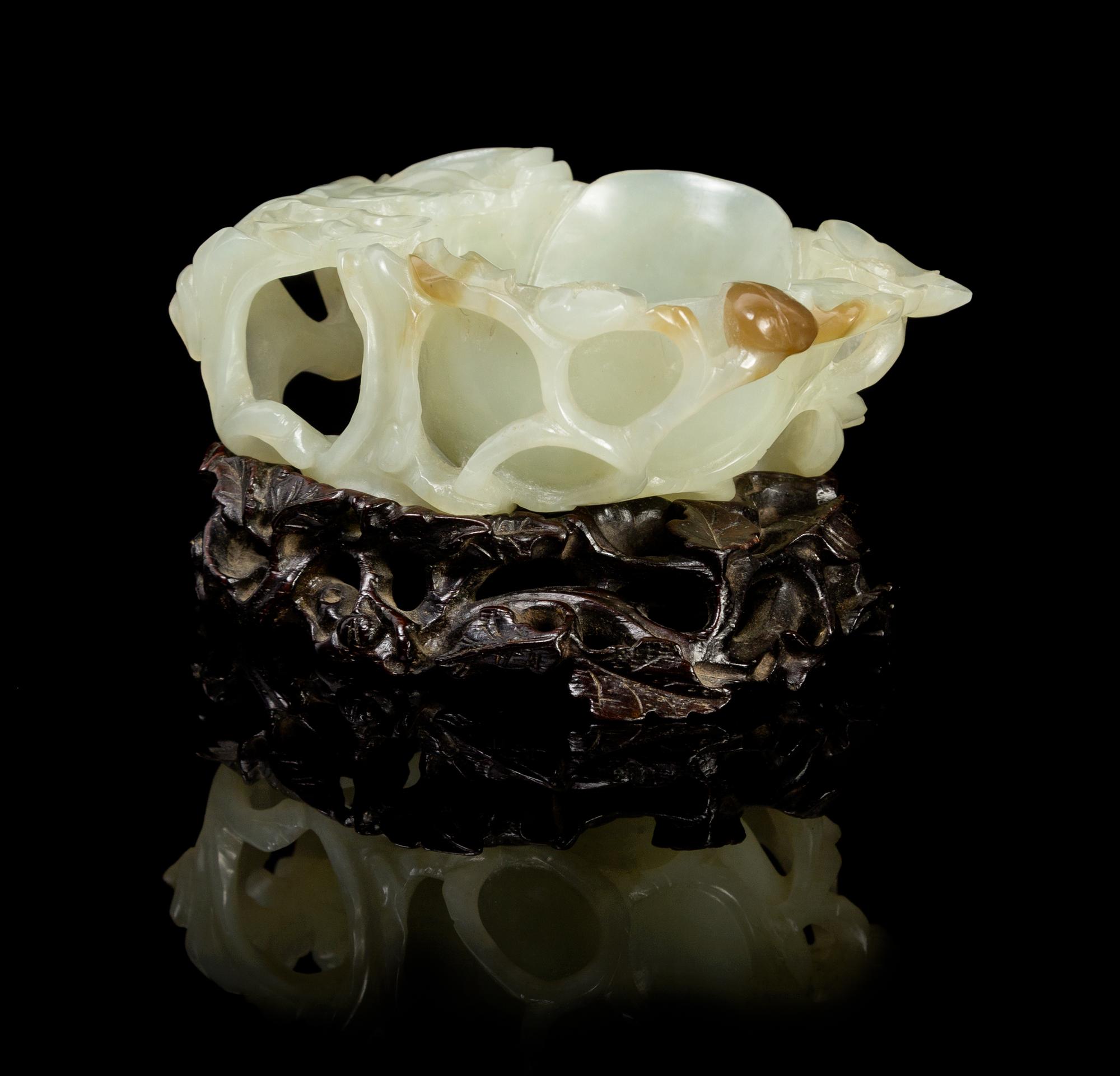 A Chinese Jade Floriform Libation Cup 17TH/18TH CENTURY Width of jade 4 1/8 x height with stand 2 1/4 inches. — 17TH/18TH CENTURY