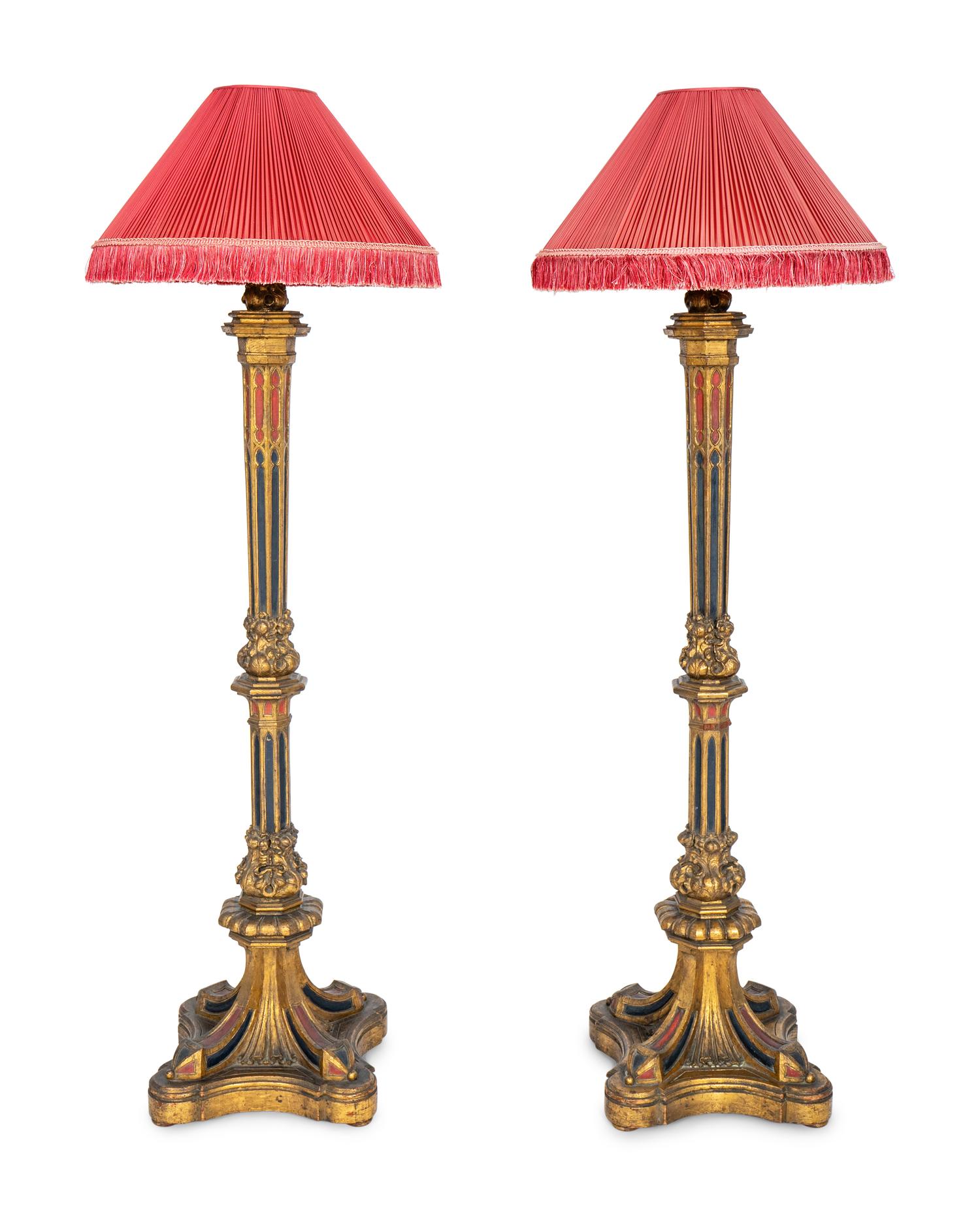 A Pair of Large Gothic Style Giltwood and Polychrome-Painted Floor Lamps