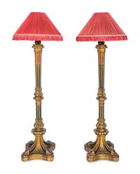 A Pair of Large Gothic Style Giltwood and Polychrome-Painted Floor Lamps