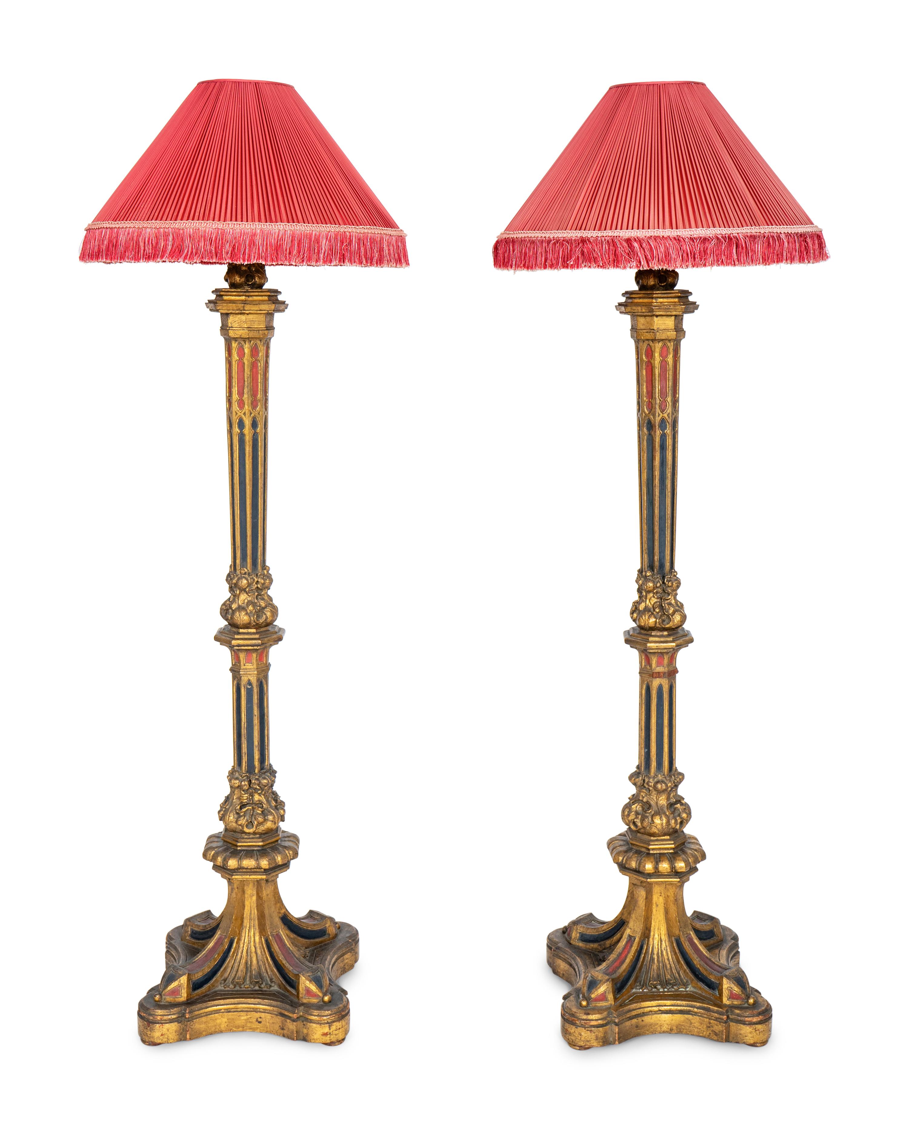 A Pair of Large Gothic Style Giltwood and Polychrome-Painted Floor Lamps