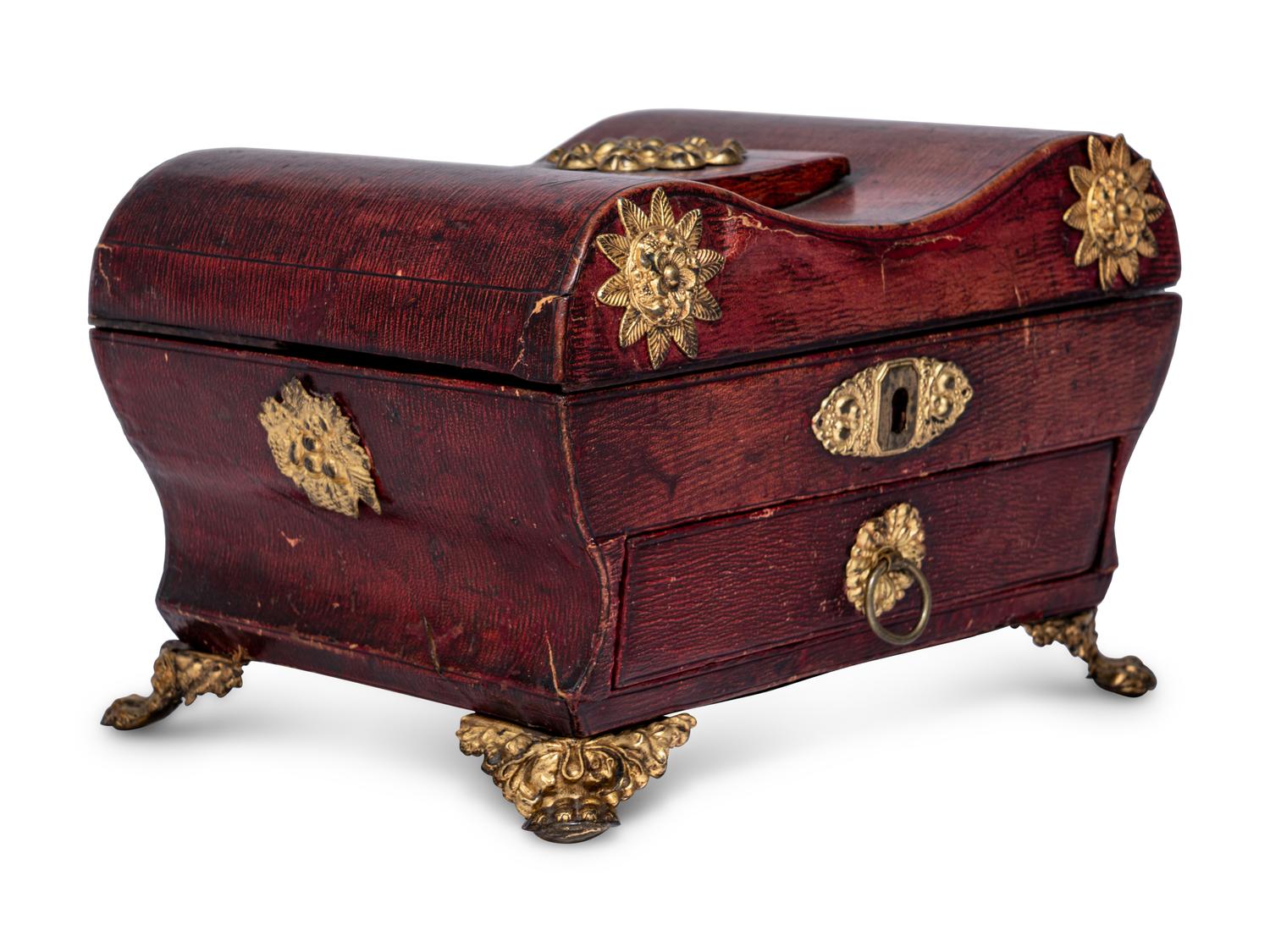 A Gilt Metal Mounted Leather-Veneered Jewelry Casket