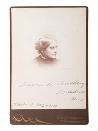 [WOMEN'S SUFFRAGE]. ANTHONY, Susan B. (1820-1906). RICE, photographer. Cabinet photograph portrait INSCRIBED BY ANTHONY.