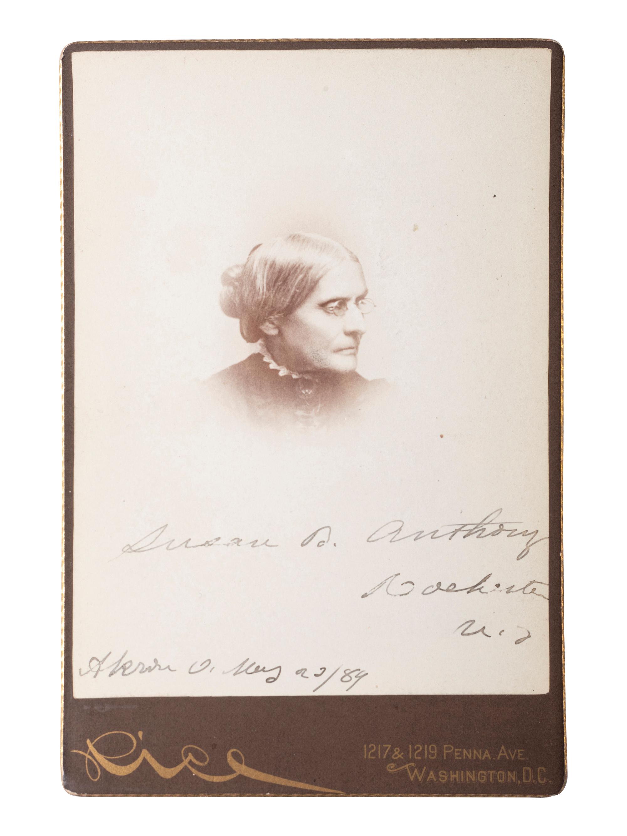 [WOMEN'S SUFFRAGE]. ANTHONY, Susan B. (1820-1906). RICE, photographer. Cabinet photograph portrait INSCRIBED BY ANTHONY.