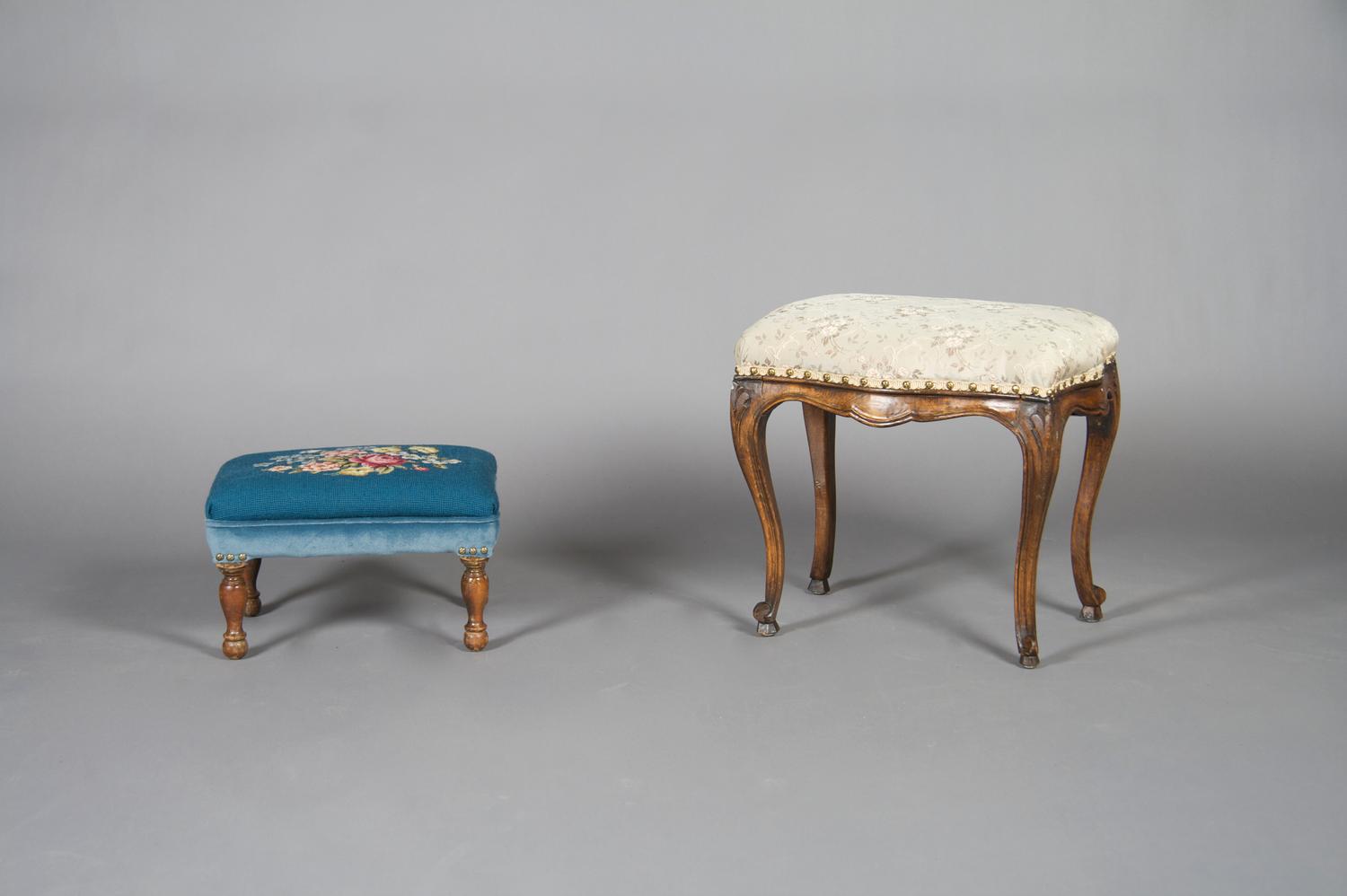 A Group of Two French Provincial Style Stools, Height of tallest 18 inches.