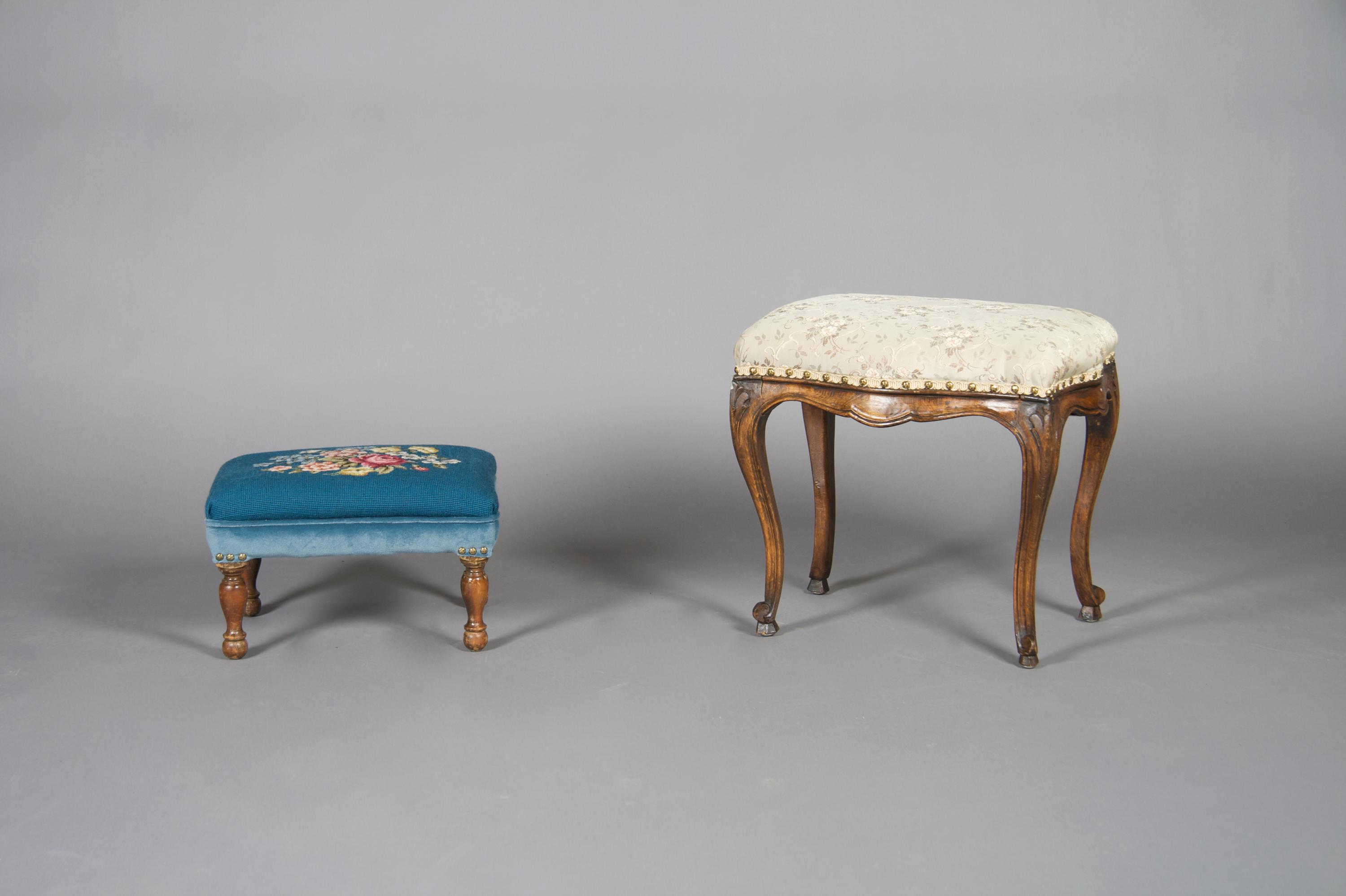 A Group of Two French Provincial Style Stools, Height of tallest 18 inches.