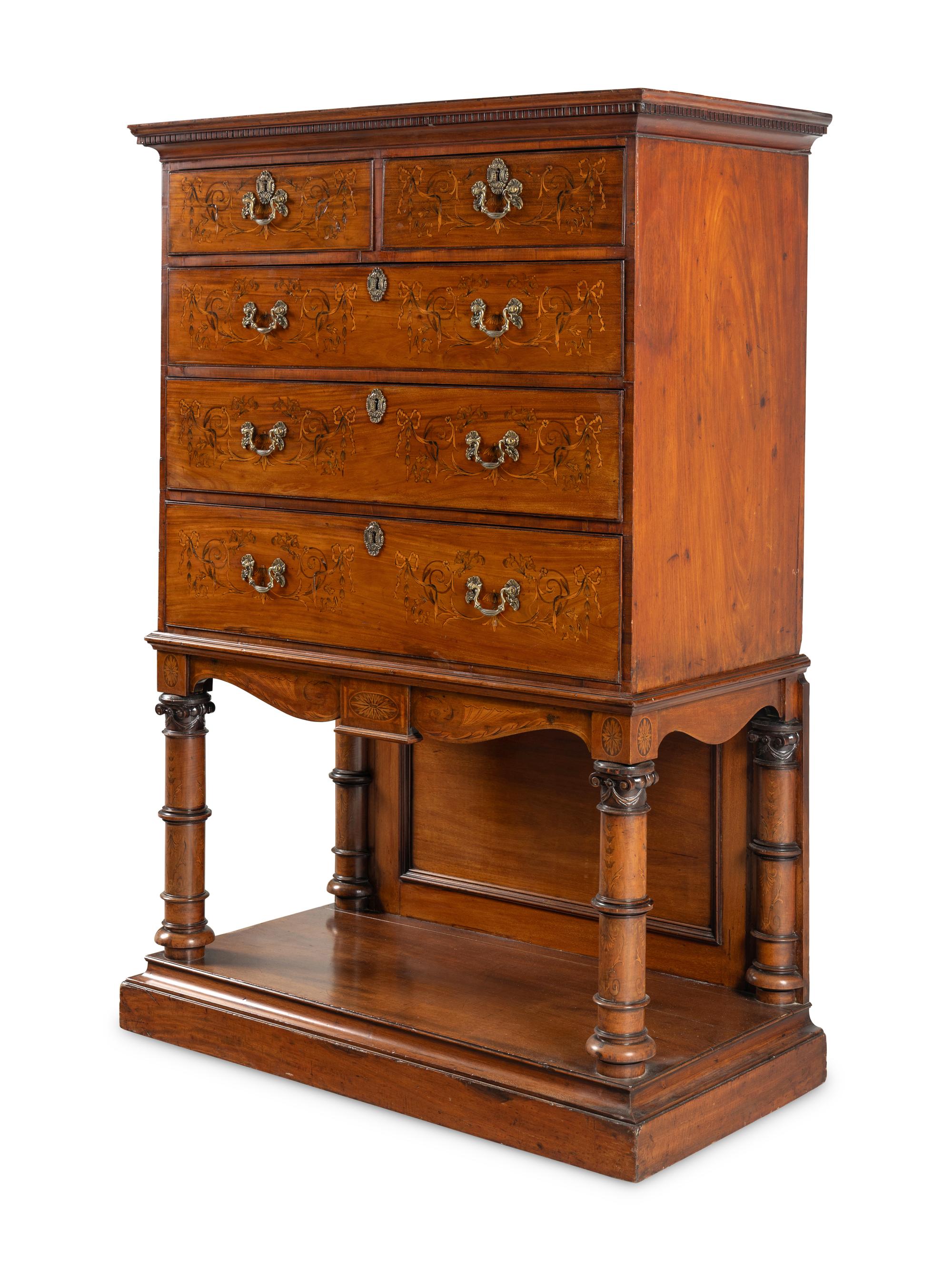 An English Mahogany, Marquetry and Penwork Chest-on-Stand
