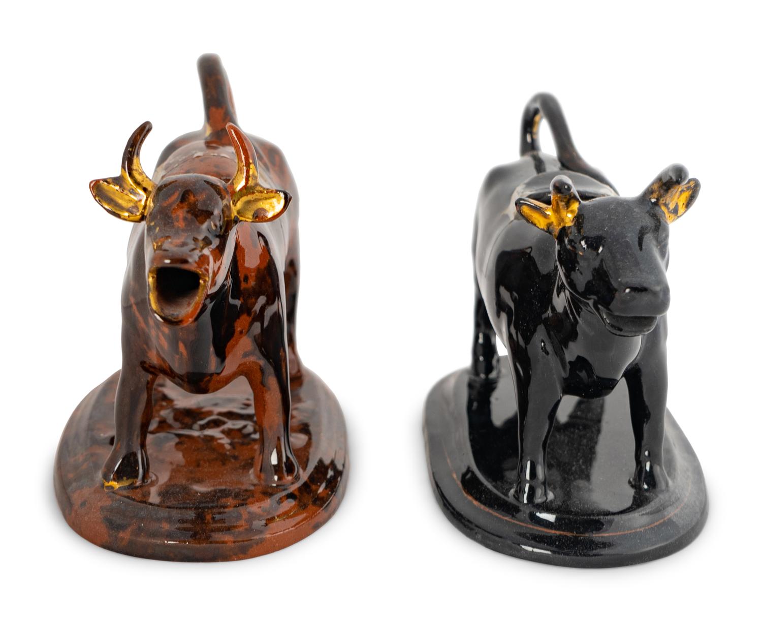 Two Rockingham Glazed Cow-Form Ceramic Creamers — 20TH CENTURY