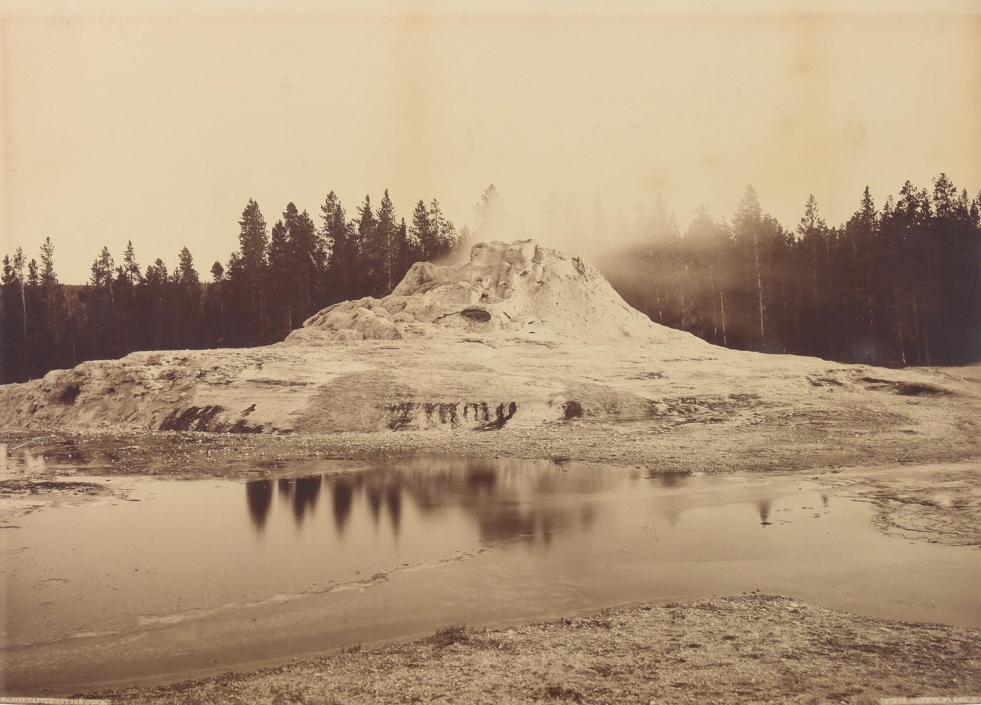Frank Jay Haynes, (American, 1853-1921), Liberty Cap and Hotel, Yellowstone National Park Yellowstone Lake, Mount Sheridan, Yellowstone