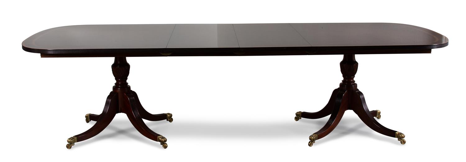 A Regency Style Inlaid Mahogany Two Pedestal Dining Table Height 29 1/2 x length 80 x width 47 1/2, each leaf 18 inches. — LATE 19TH/EARLY 20TH CENTURY