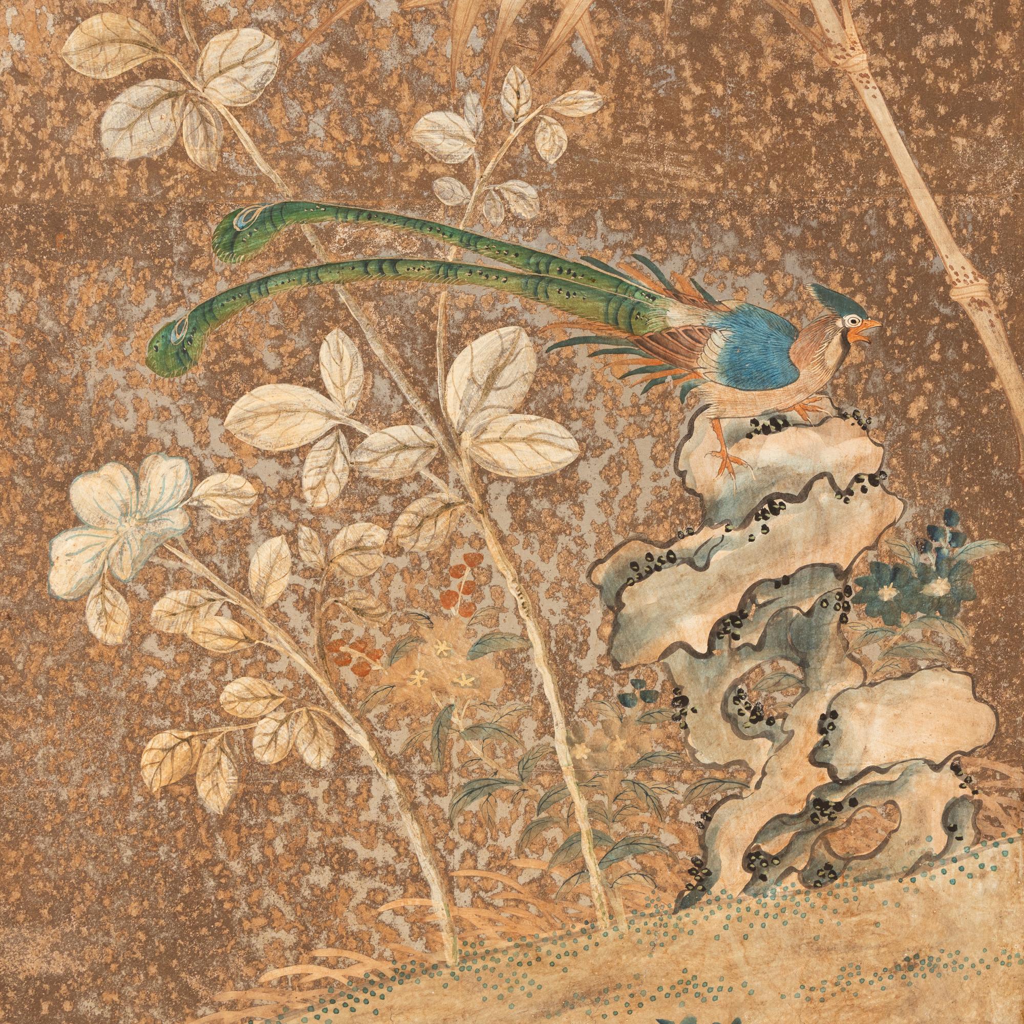 A Painted Paper Six-Panel Floor Screen