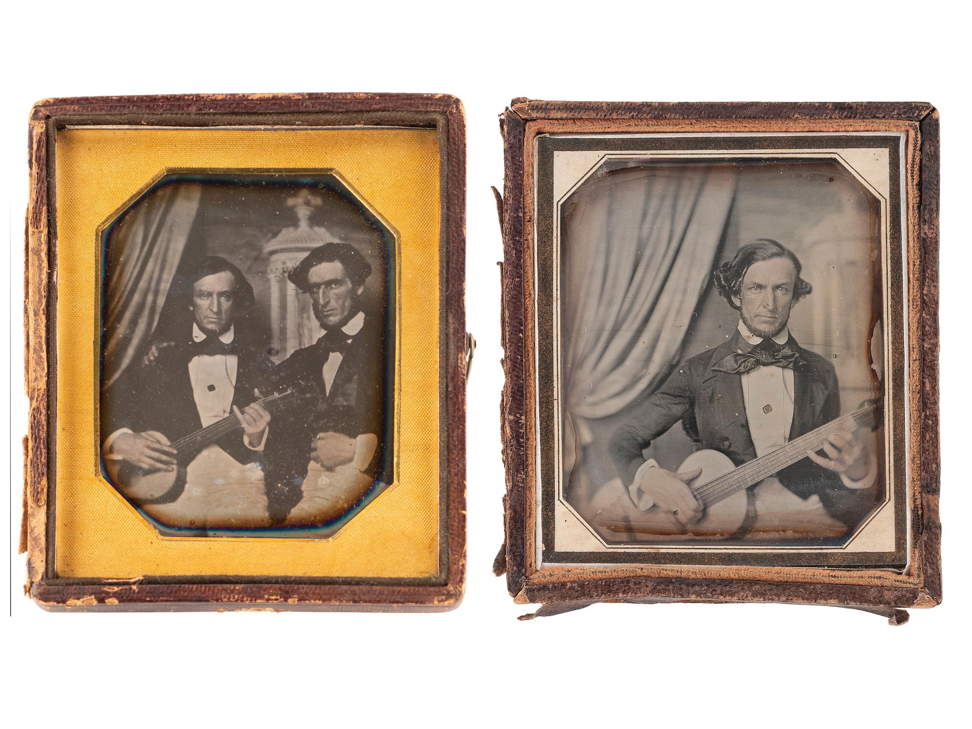 [DAGUERREOTYPE - PORTRAITURE]. Two sixth plate daguerreotypes of man with guitar. [New Orleans, LA]: ca early 1840s.