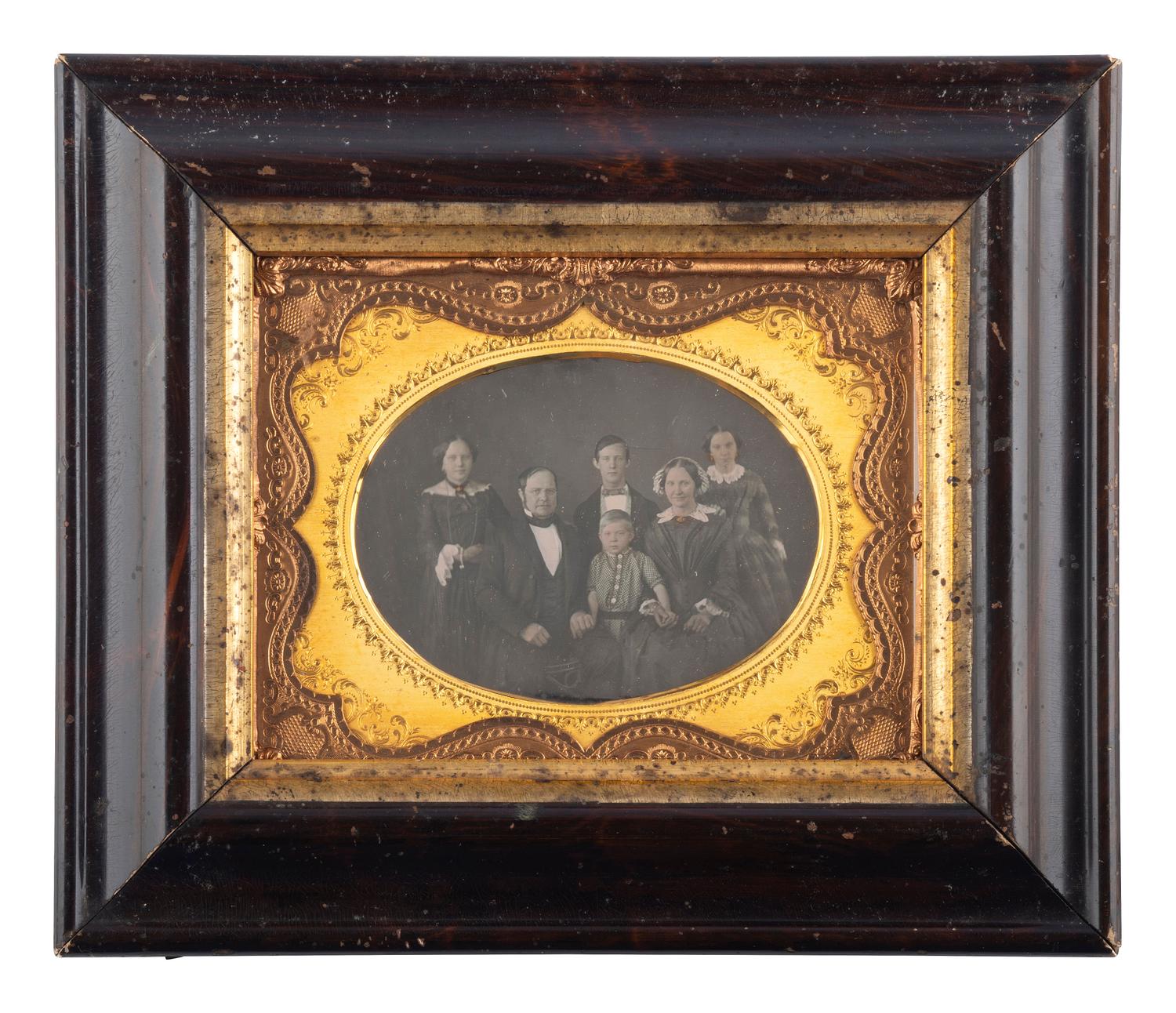 [EARLY PHOTOGRAPHY]. A group of 3 half plate daguerreotypes of large groups, incl. identified family of 5 from Maine.