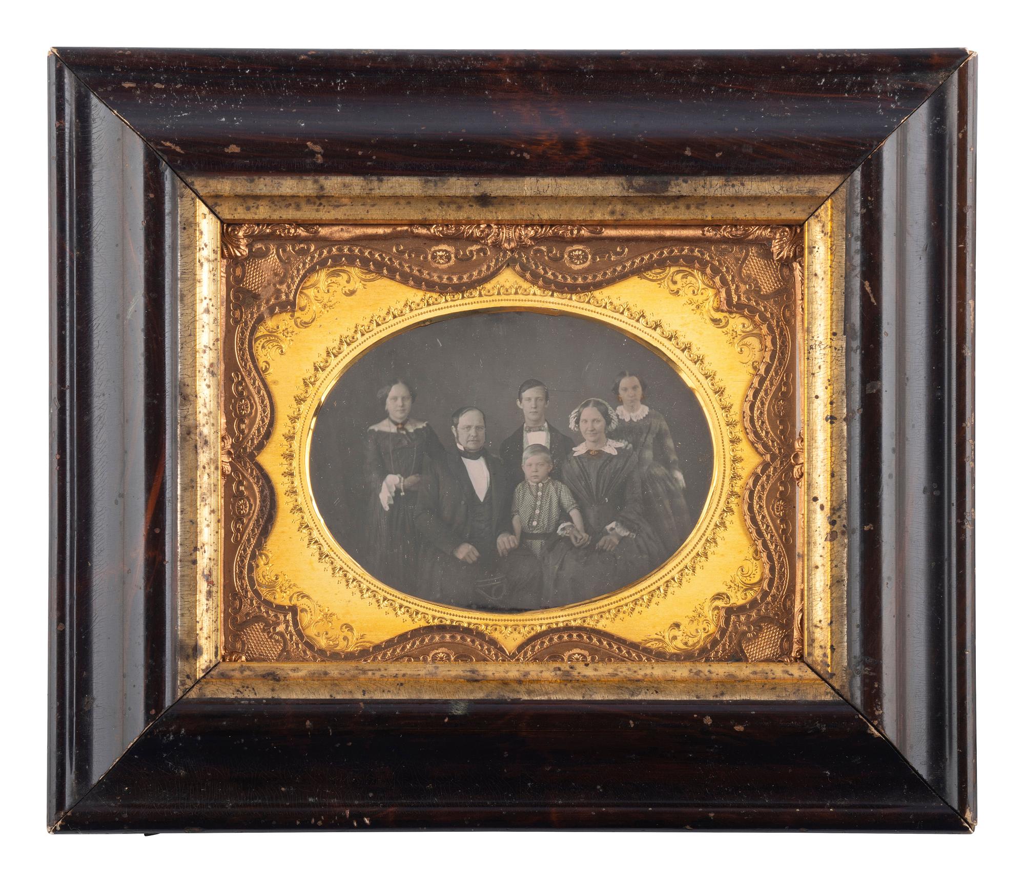 [EARLY PHOTOGRAPHY]. A group of 3 half plate daguerreotypes of large groups, incl. identified family of 5 from Maine.