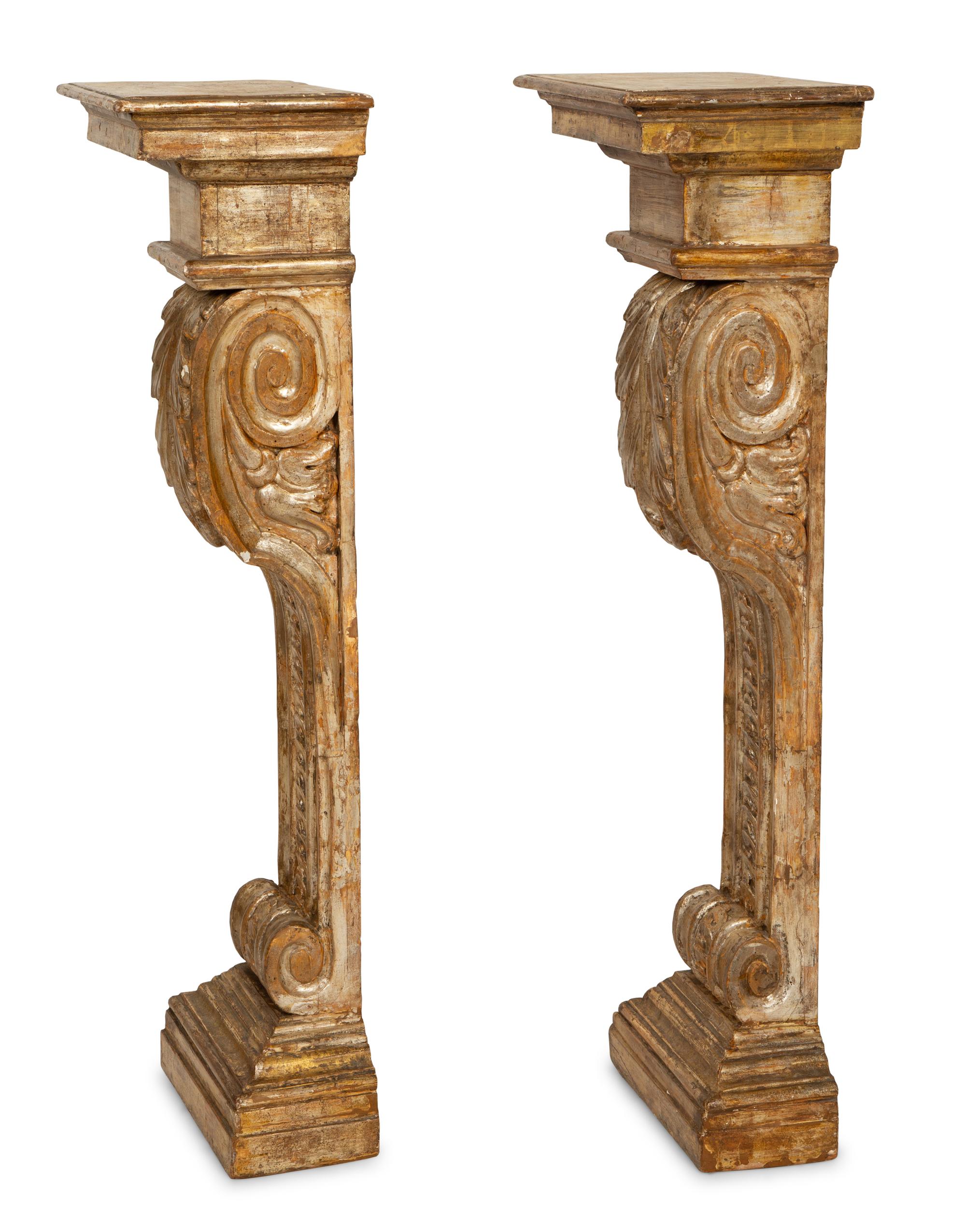 A Pair of Italian Silvered and Giltwood Pilaster Pedestals