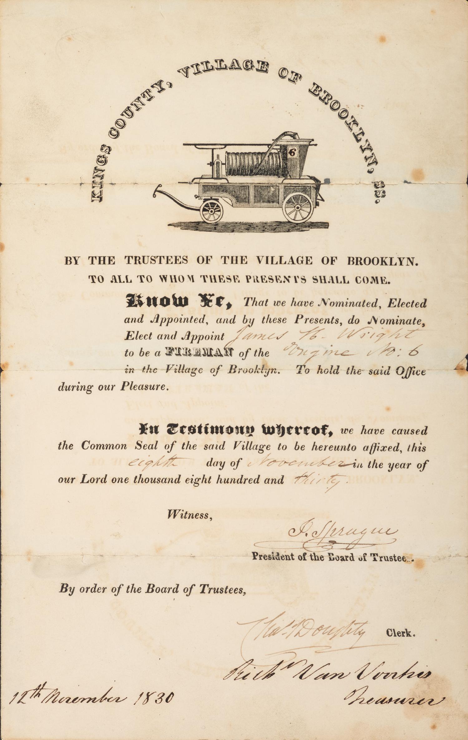 [NEW YORK] -- [OCCUPATIONAL]. Village of Brooklyn partly-printed firefighter's certificate. Brooklyn, NY, 12 November 1830.