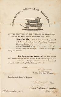 [NEW YORK] -- [OCCUPATIONAL]. Village of Brooklyn partly-printed firefighter's certificate. Brooklyn, NY, 12 November 1830.