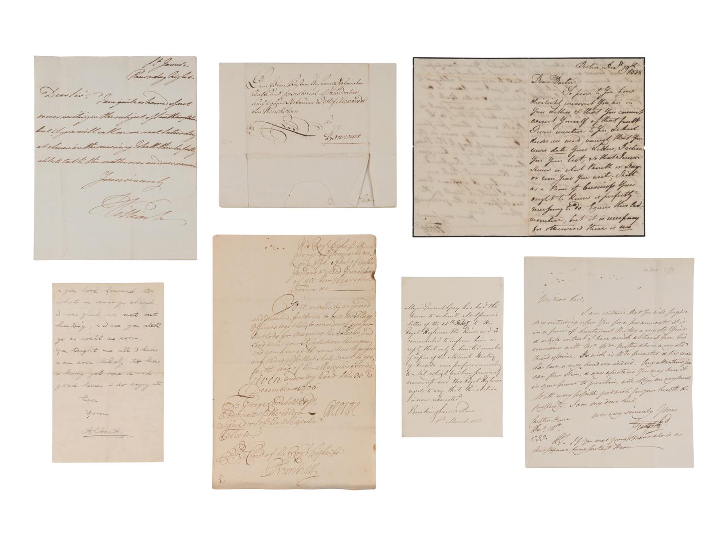 [ENGLISH & CONTINENTAL MANUSCRIPTS]. A group of approximately 14 items, primarily autograph letters signed by Kings and Queens, including: