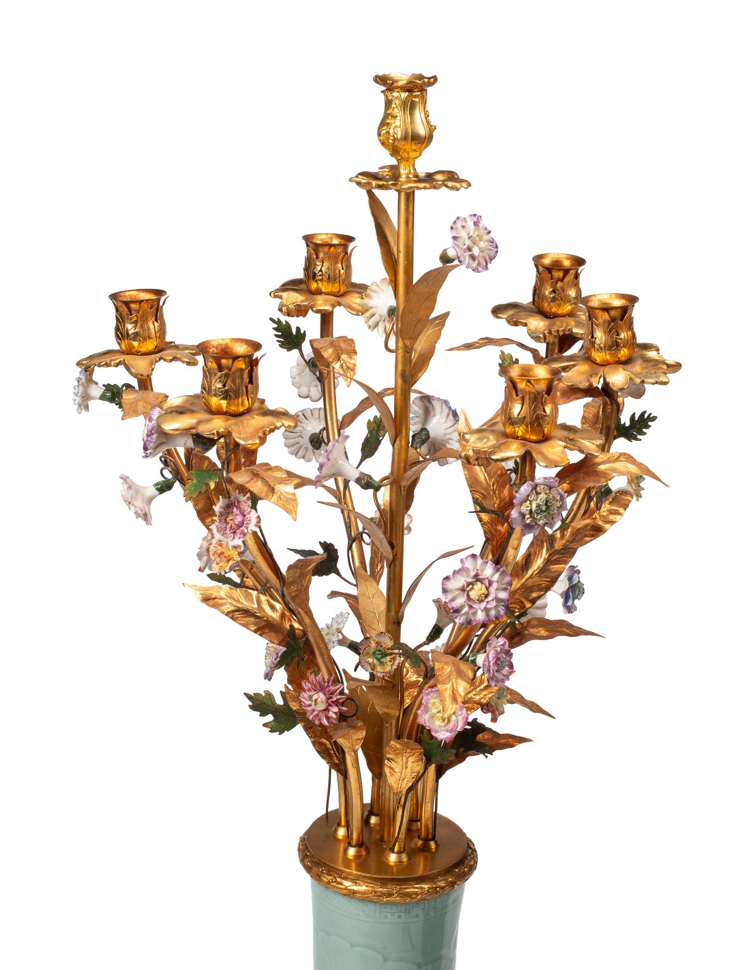 A Pair of Large Gilt Bronze Mounted Celadon-Glazed Porcelain Candelabra