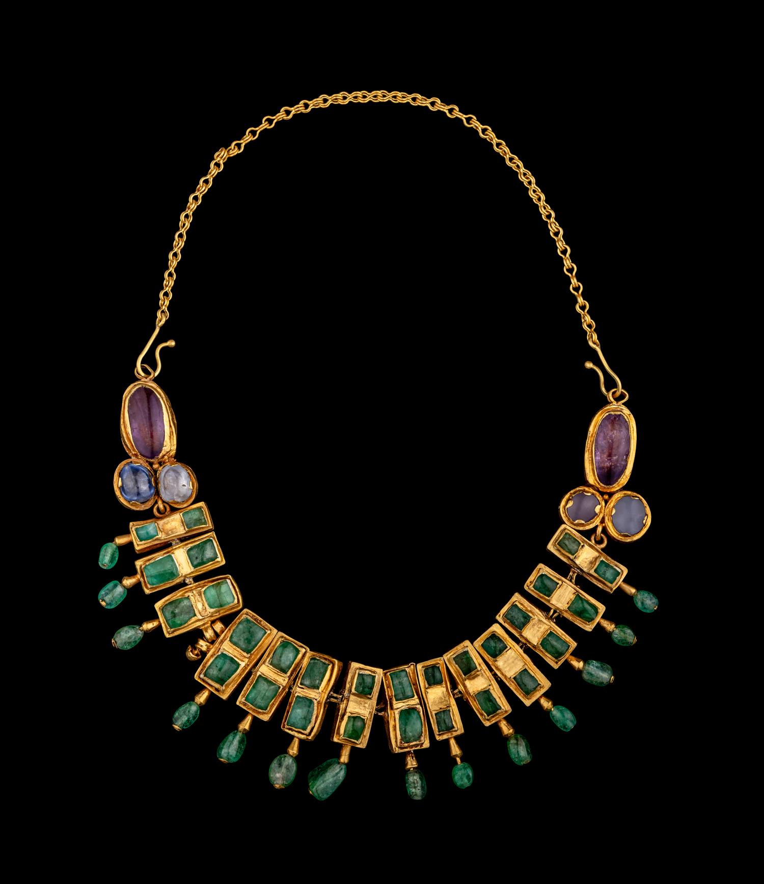 A Byzantine Gold, Sapphire, Chalcedony, Amethyst, and Emerald Necklace
