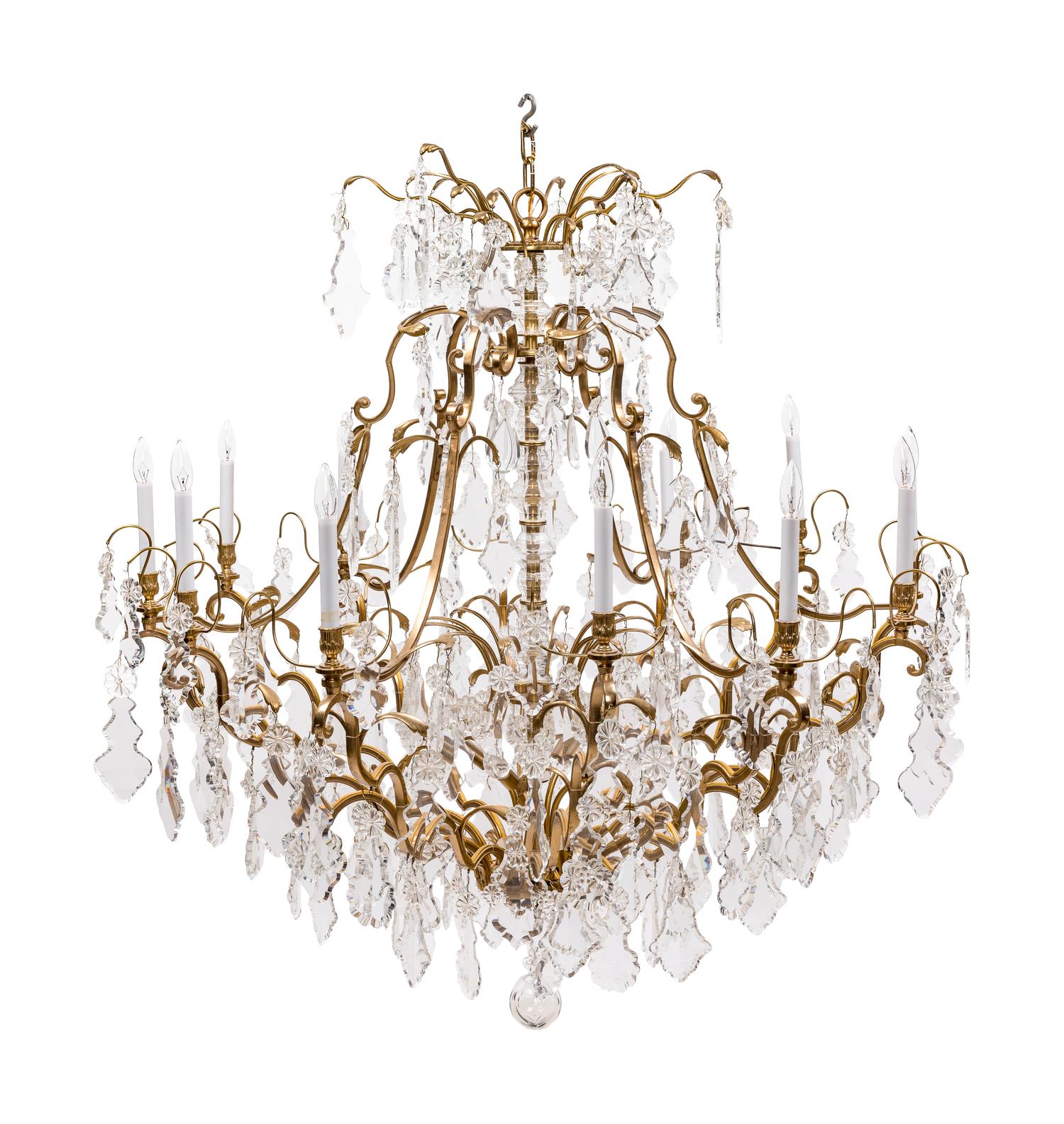 A Continental Gilt Bronze and Cut Glass Twelve-Light Chandelier
