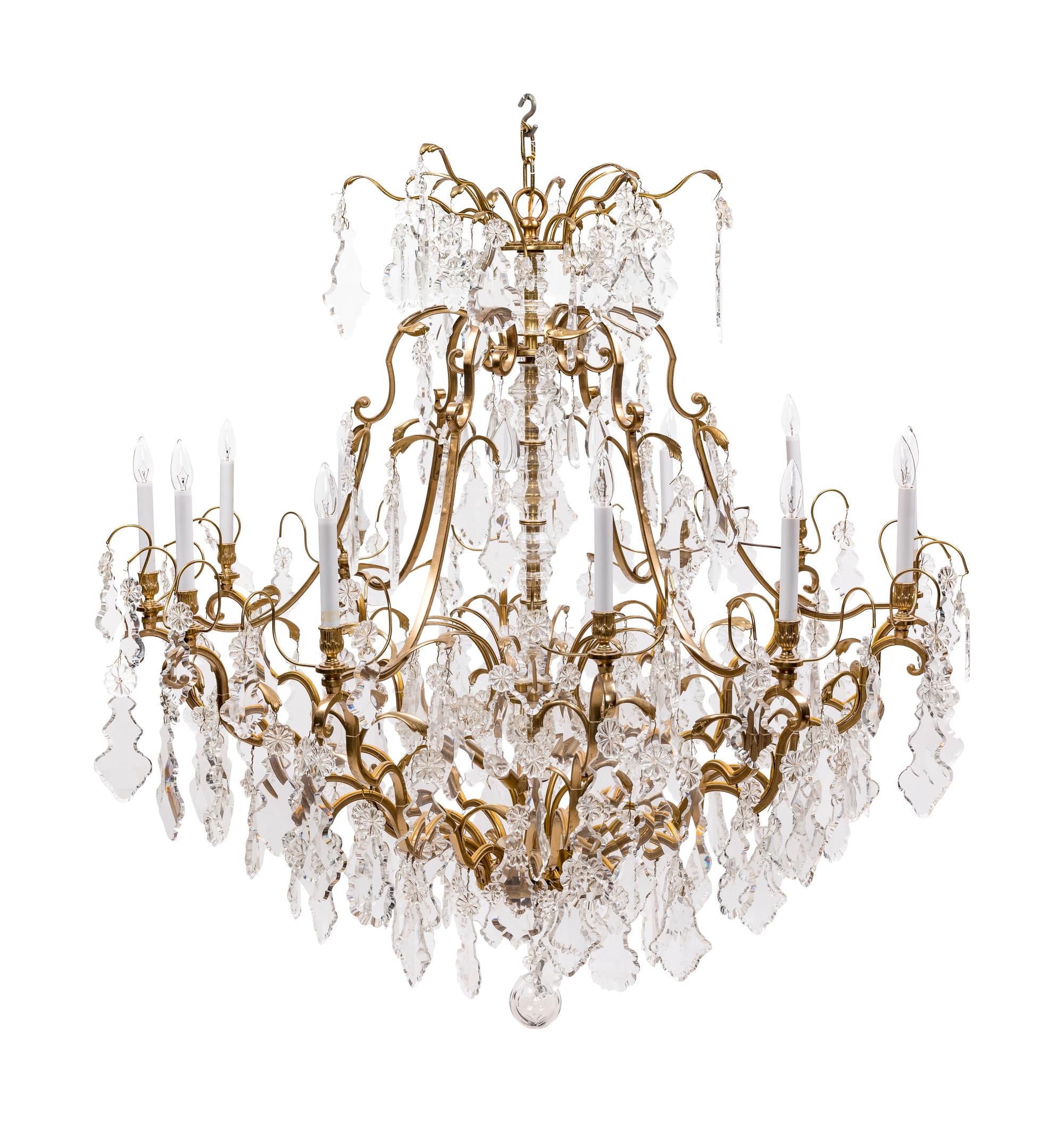 A Continental Gilt Bronze and Cut Glass Twelve-Light Chandelier