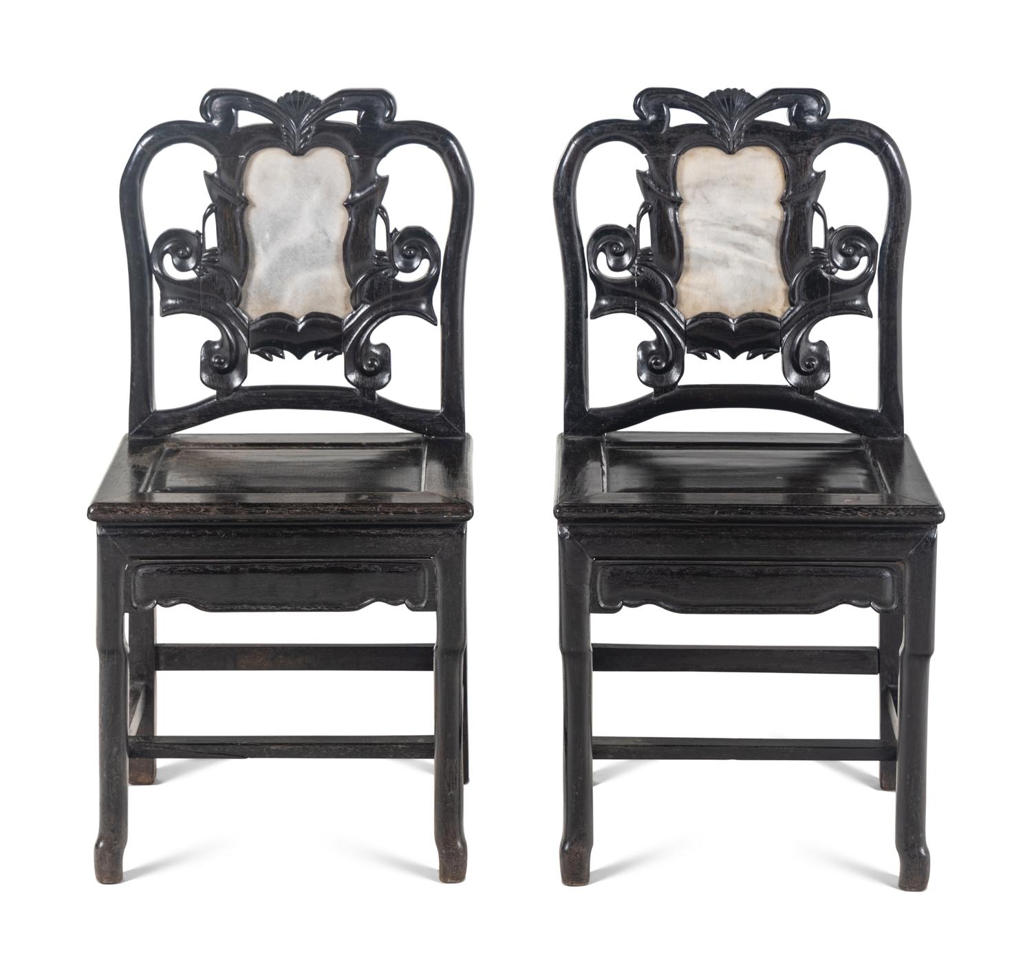 A Pair of Chinese Marble Inset Tielimu Side Chairs