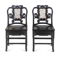 A Pair of Chinese Marble Inset Tielimu Side Chairs