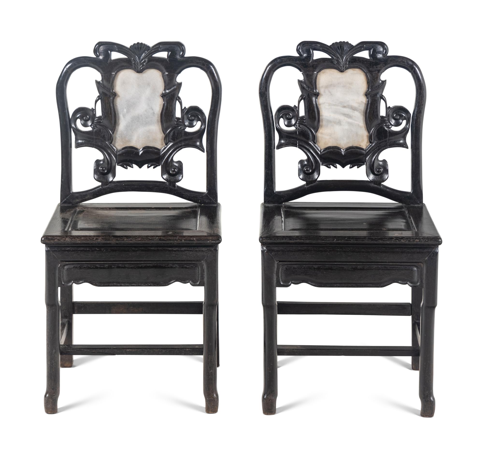 A Pair of Chinese Marble Inset Tielimu Side Chairs