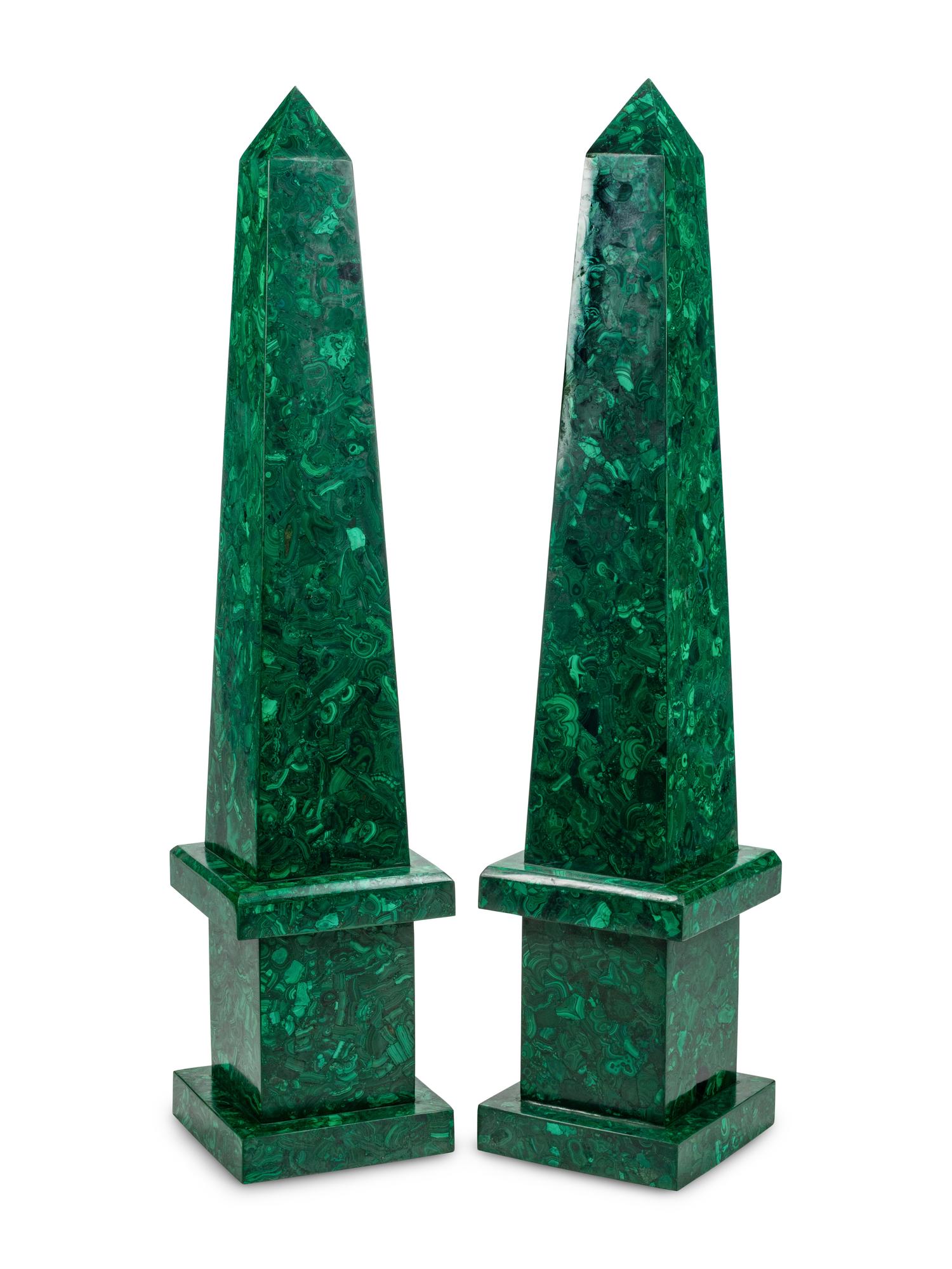 A Pair of Monumental Malachite Veneered Obelisks