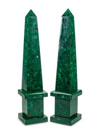 A Pair of Monumental Malachite Veneered Obelisks