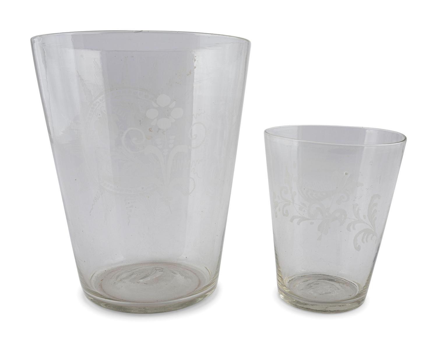 Two Blown and Etched Glass Beakers