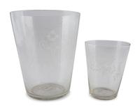 Two Blown and Etched Glass Beakers