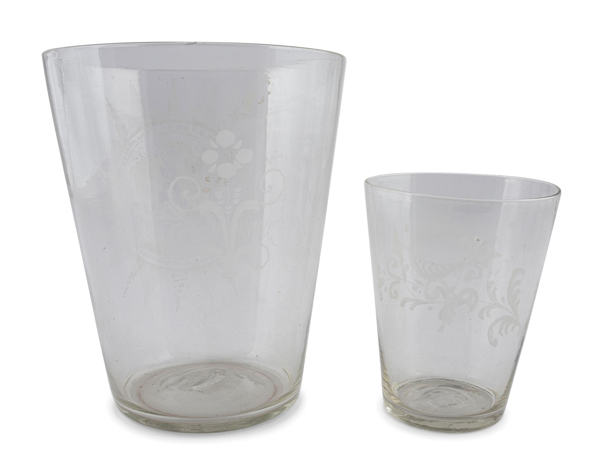 Two Blown and Etched Glass Beakers