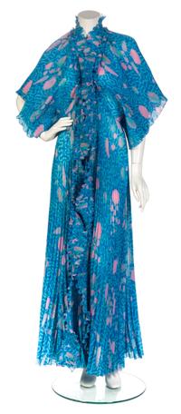 A Zandra Rhodes Blue and Pink Print Pleated Dress, Size A.