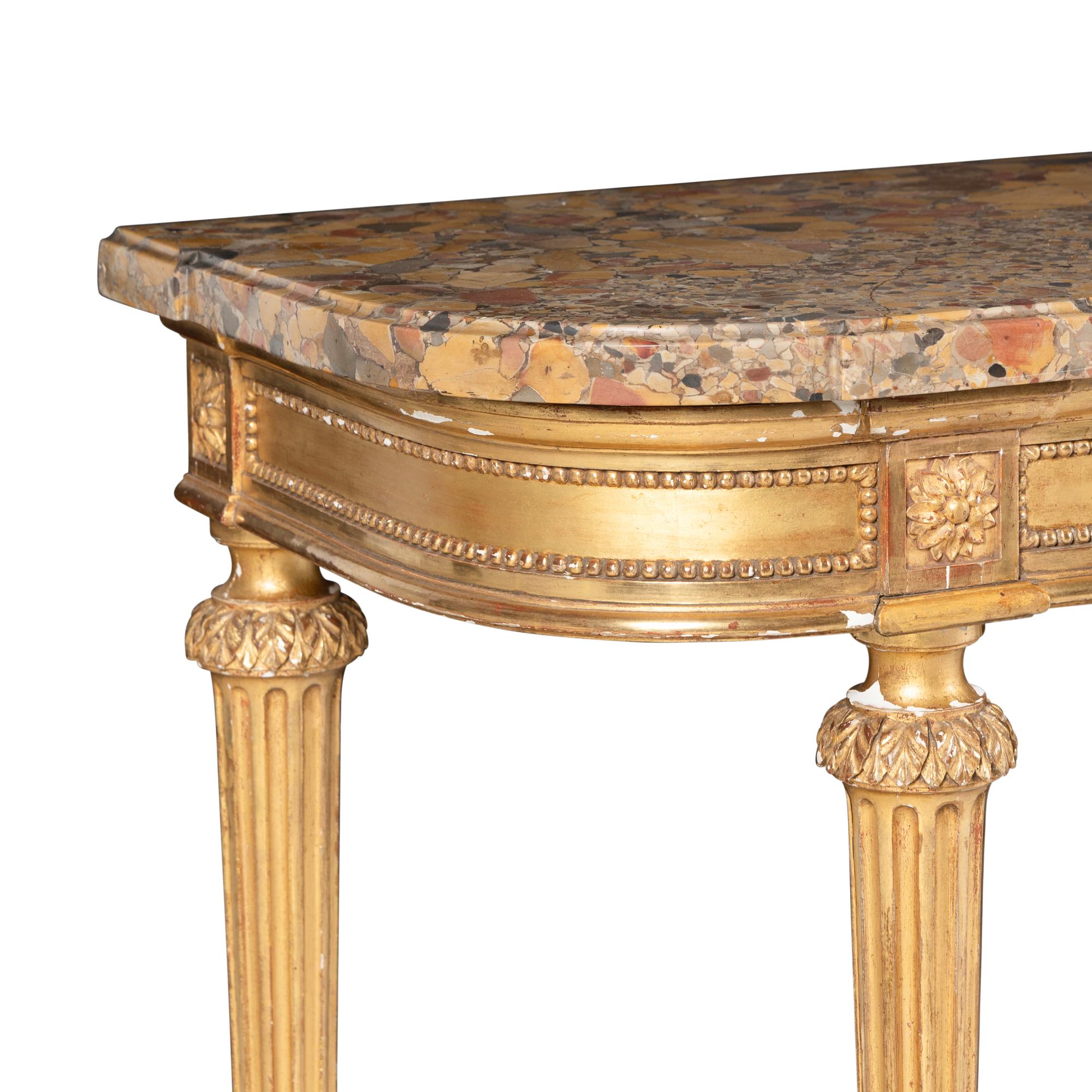 A Pair of Louis XVI Style Giltwood and Marble-Top Console Tables