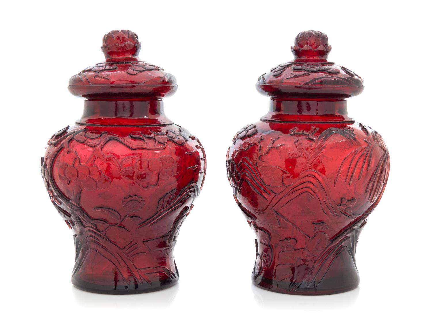 A Pair of Chinese Carved Ruby Glass Covered Jars 19TH CENTURY Height 9 inches. — 19TH CENTURY