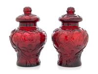 A Pair of Chinese Carved Ruby Glass Covered Jars 19TH CENTURY Height 9 inches. — 19TH CENTURY