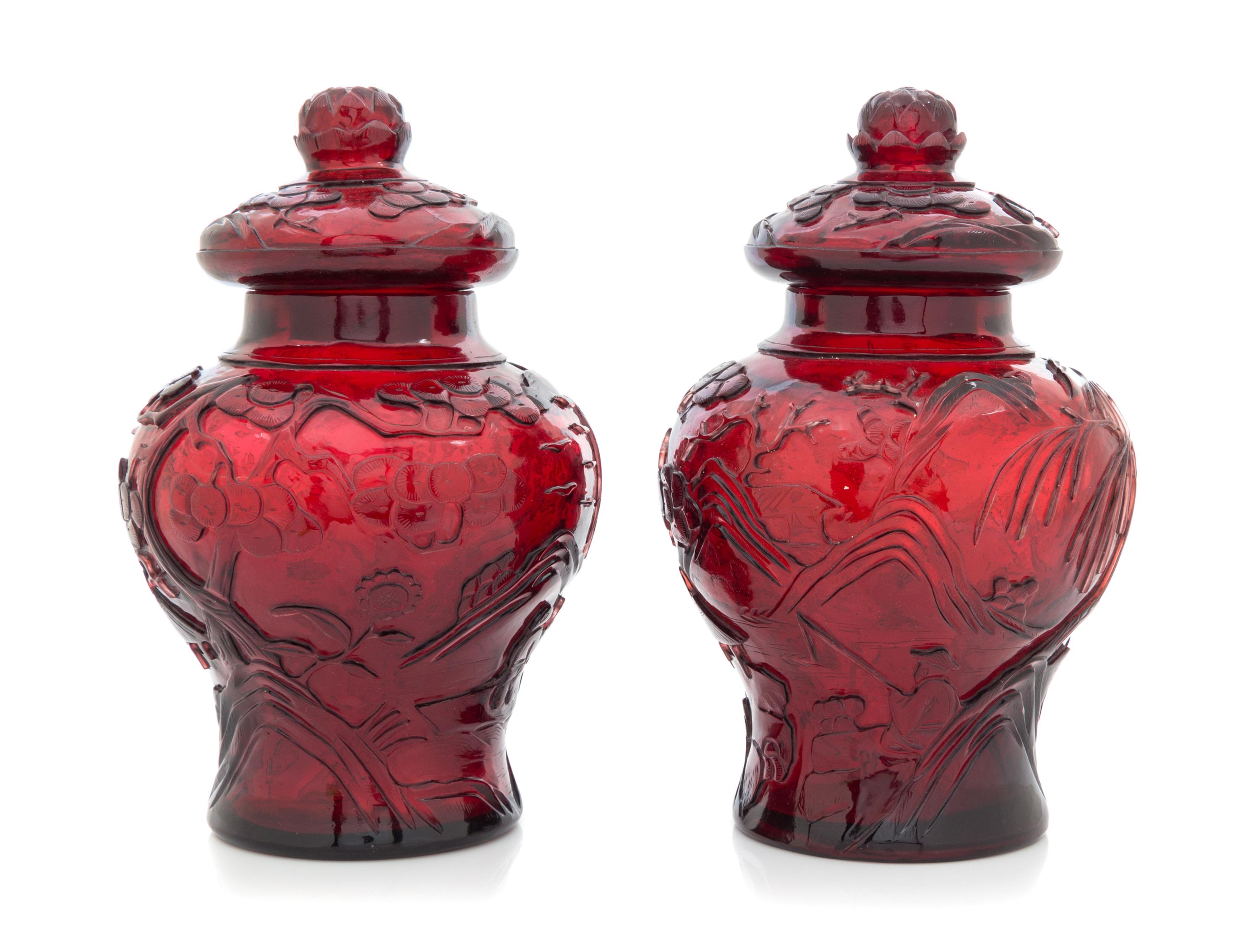 A Pair of Chinese Carved Ruby Glass Covered Jars 19TH CENTURY Height 9 inches. — 19TH CENTURY