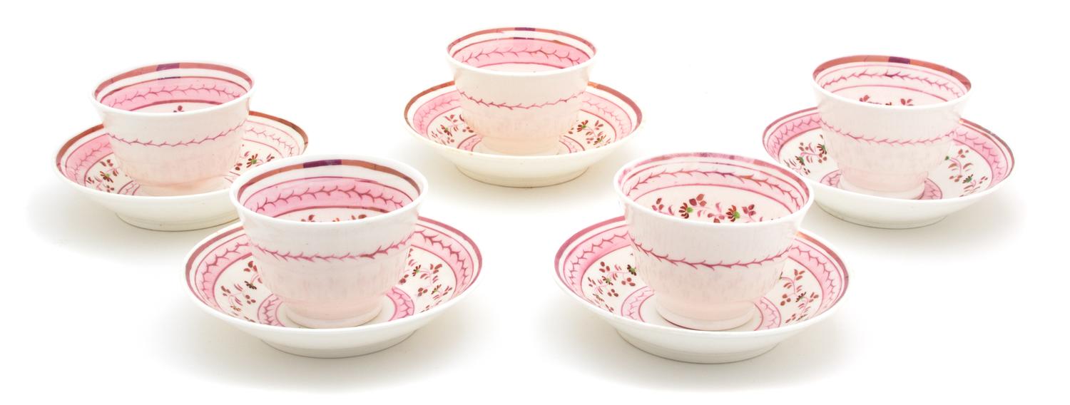Five English Lusterware Cups with Undertrays — 19TH CENTURY