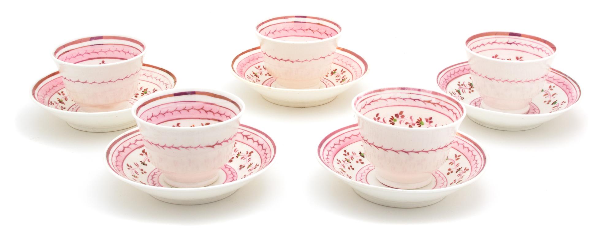 Five English Lusterware Cups with Undertrays — 19TH CENTURY
