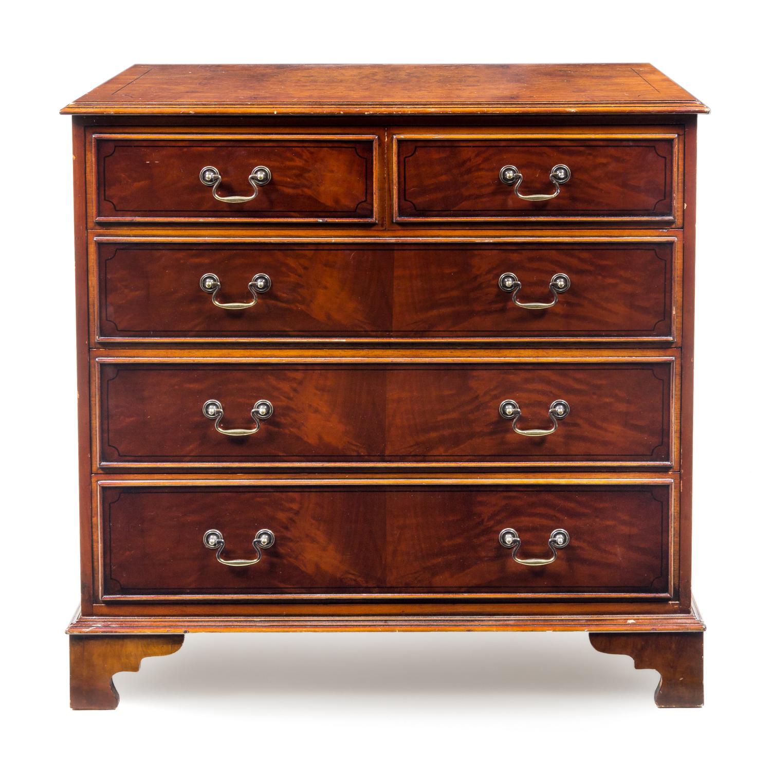 A Hepplewhite Style Burlwood and Satinwood Chest of Drawers Height 36 1/8 x width 37 1/8 x depth 21 inches. — 20TH CENTURY