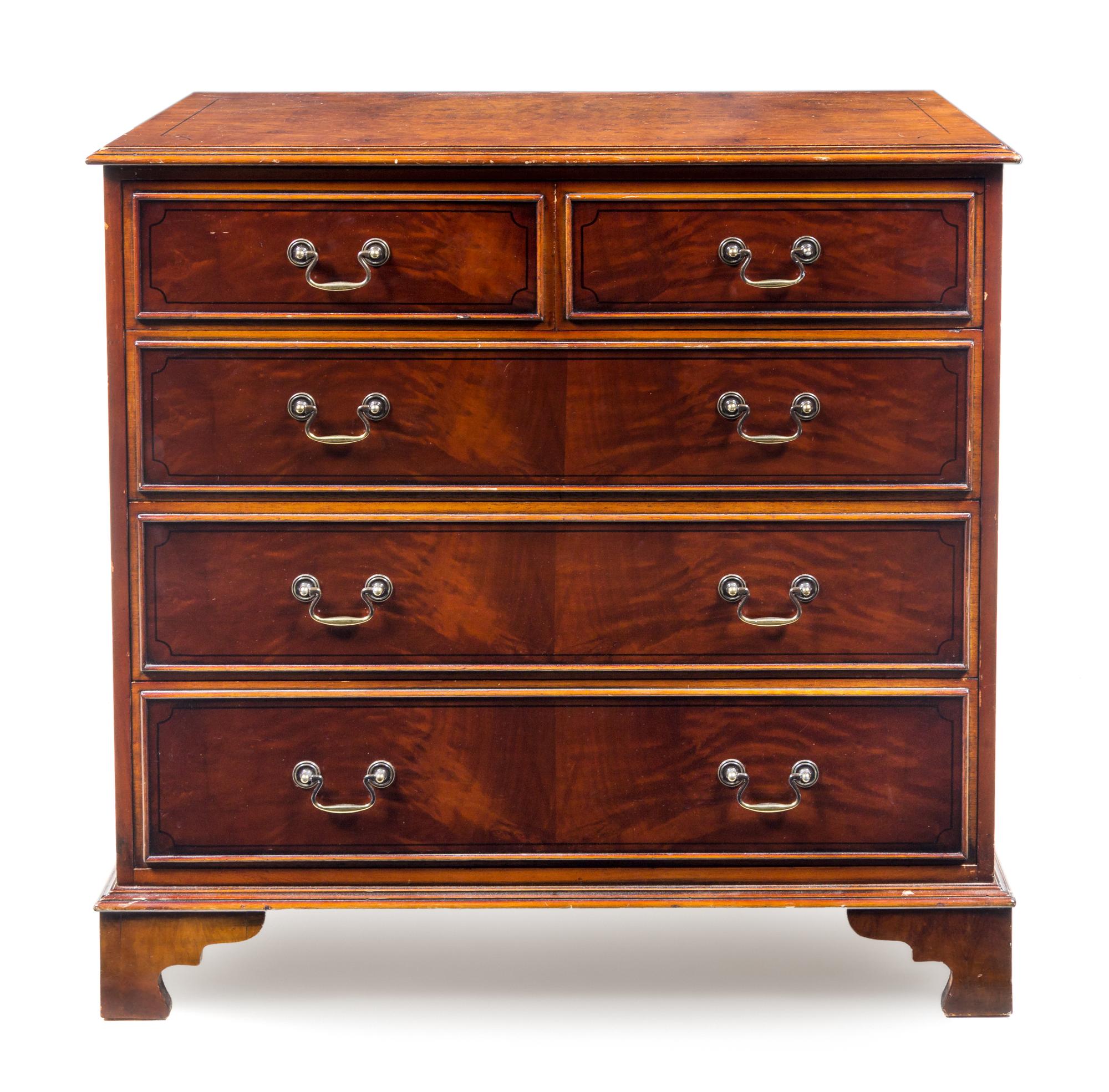 A Hepplewhite Style Burlwood and Satinwood Chest of Drawers Height 36 1/8 x width 37 1/8 x depth 21 inches. — 20TH CENTURY