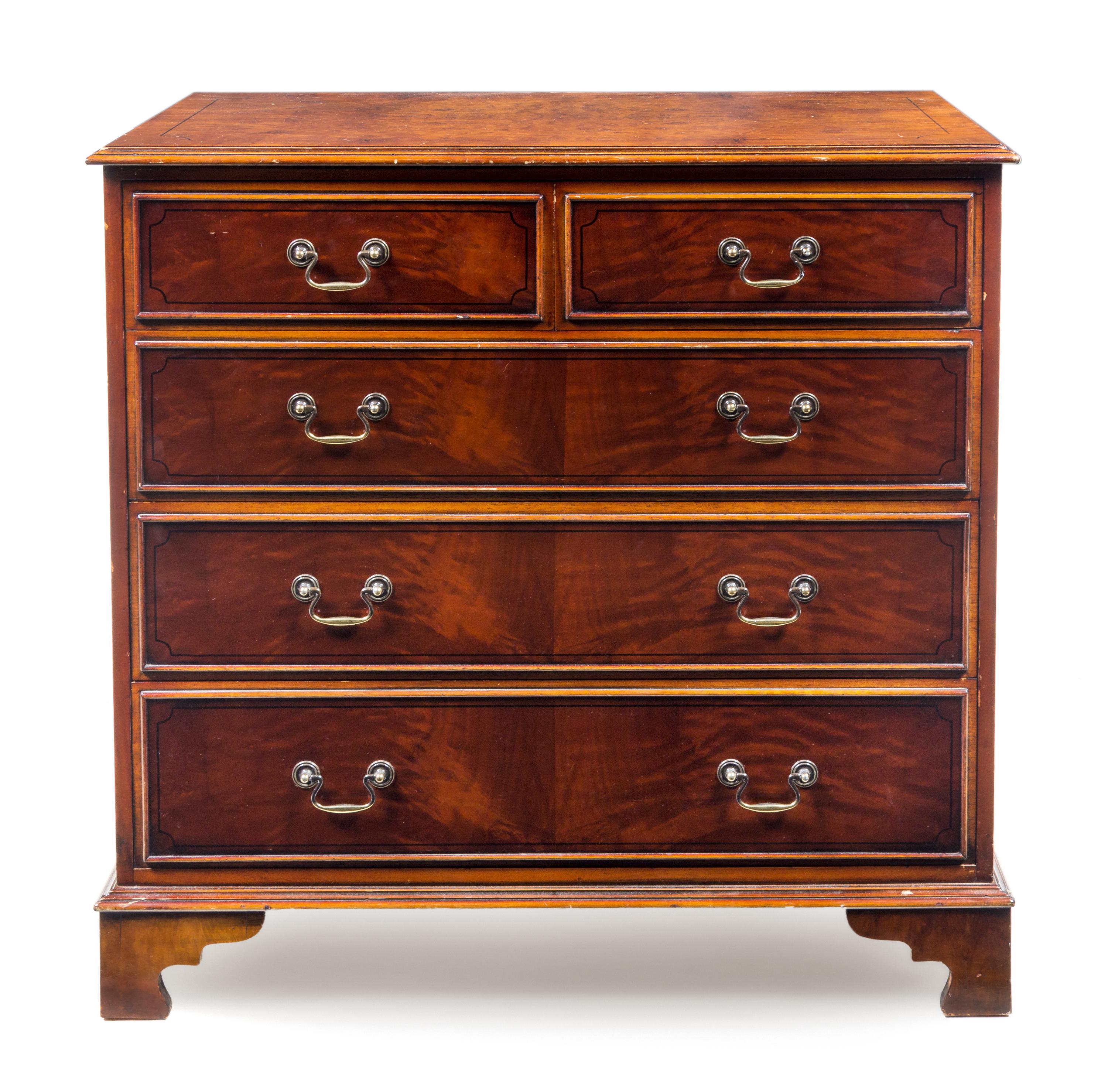 A Hepplewhite Style Burlwood and Satinwood Chest of Drawers Height 36 1/8 x width 37 1/8 x depth 21 inches. — 20TH CENTURY