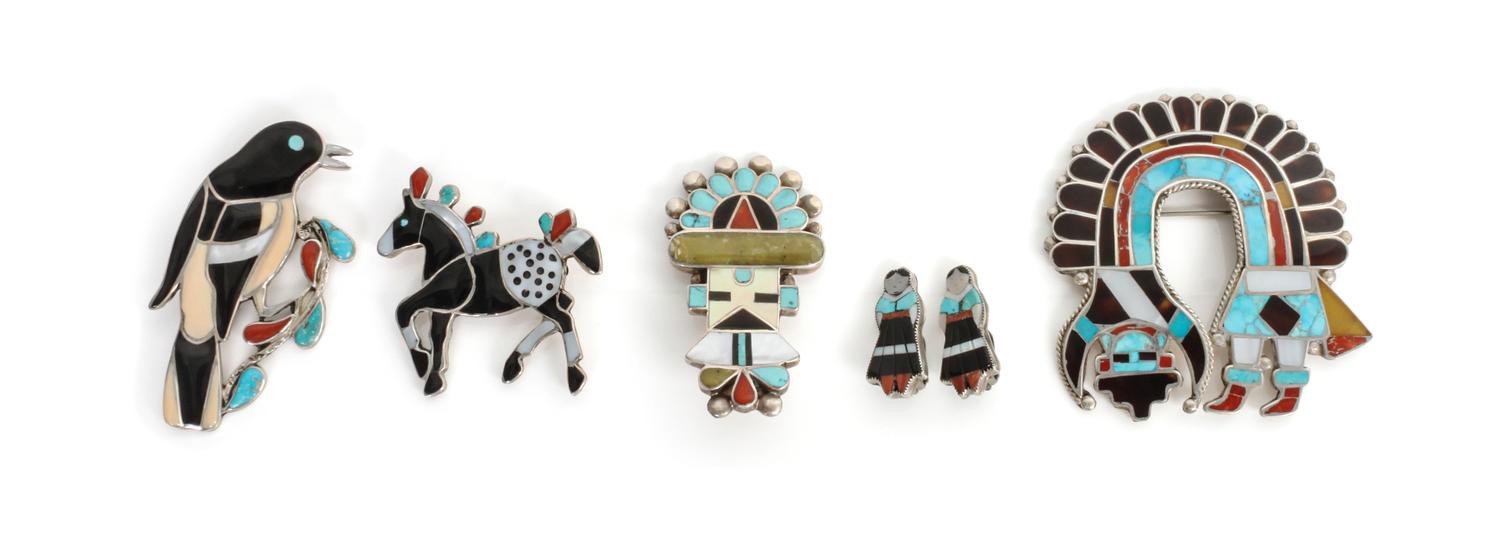 A Group of Zuni Chanel Inlaid Articles Larget height 2 3/4 x width 2 1/2 inches.