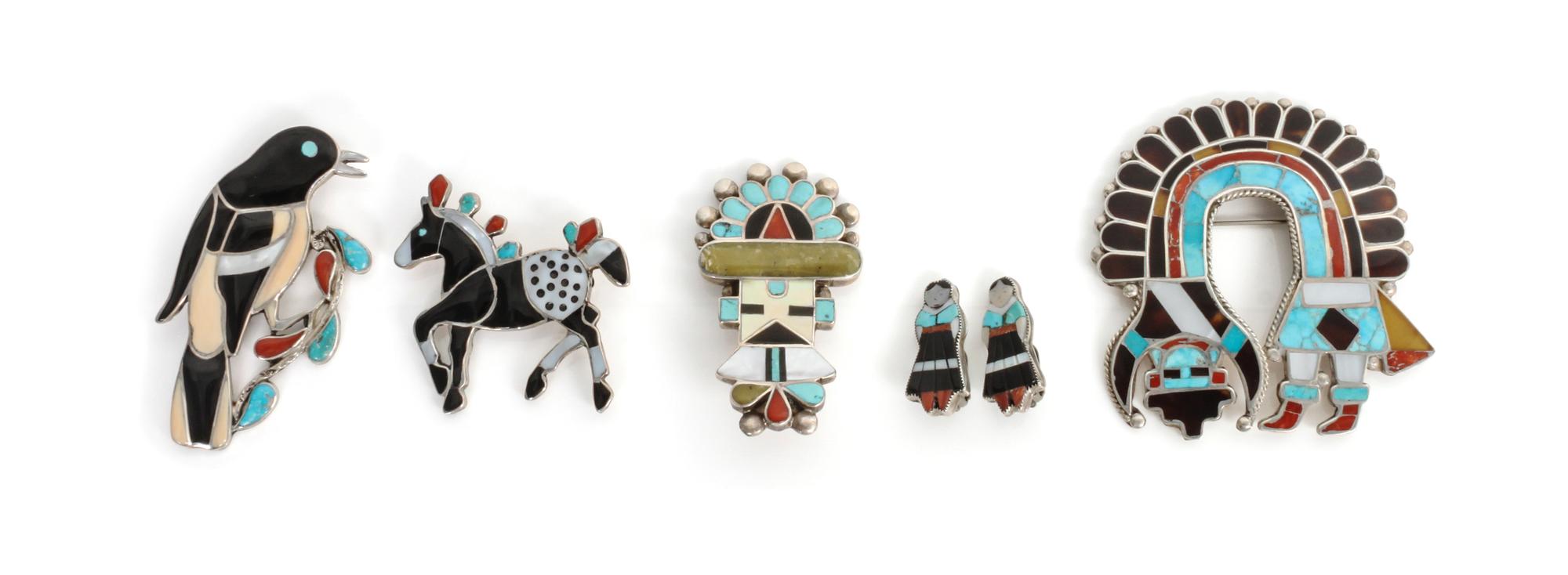A Group of Zuni Chanel Inlaid Articles Larget height 2 3/4 x width 2 1/2 inches.