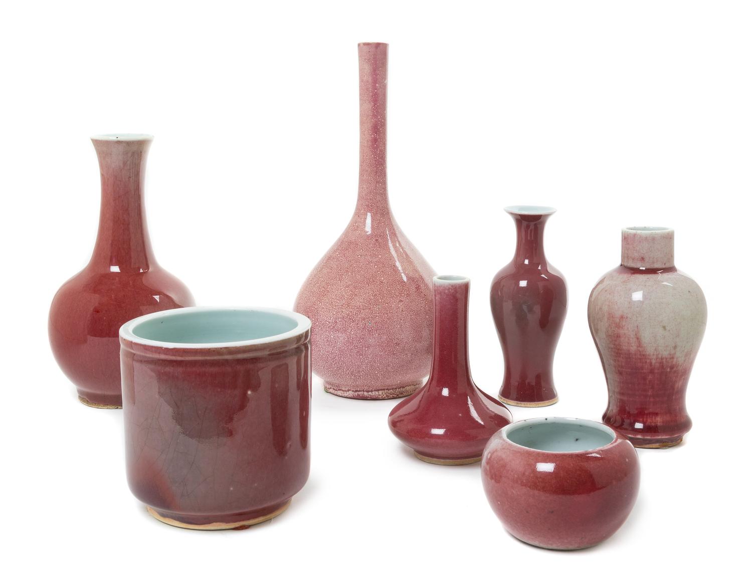 Seven Copper Red Glazed Porcelain Articles Height of tallest 9 3/4 inches. — 19TH/EARLY 20TH CENTURY