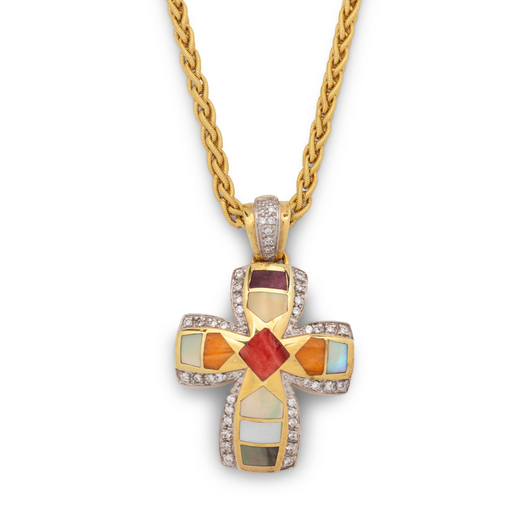 ASCH GROSSBARDT, DIAMOND AND HARDSTONE INLAY CROSS PENDANT/NECKLACE