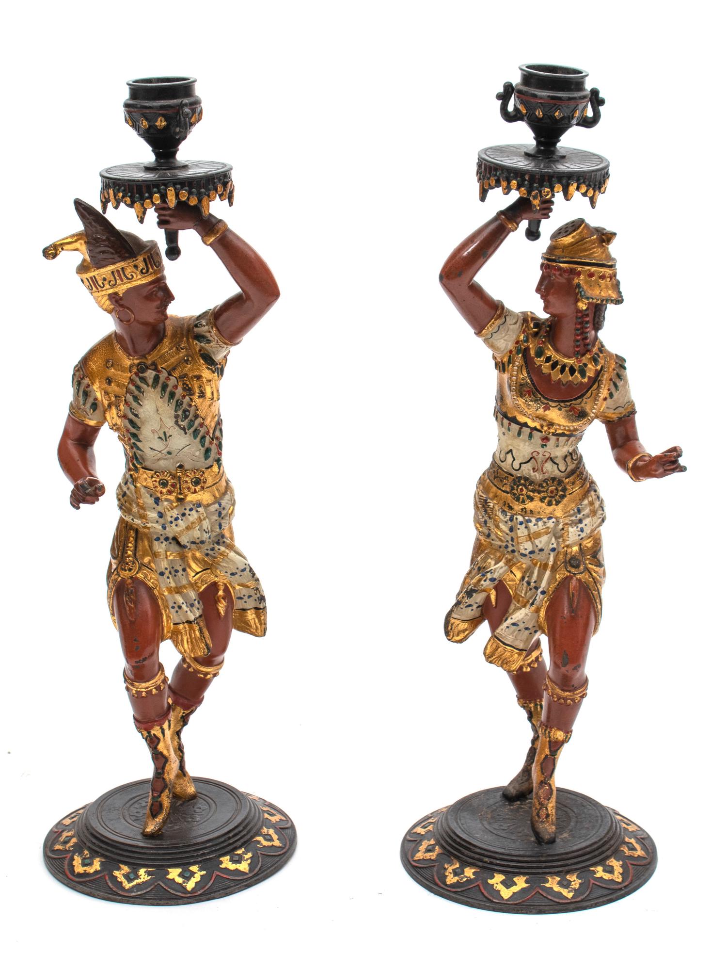 A Pair of Egyptian Revival Cold Painted Candlesticks — 20TH CENTURY